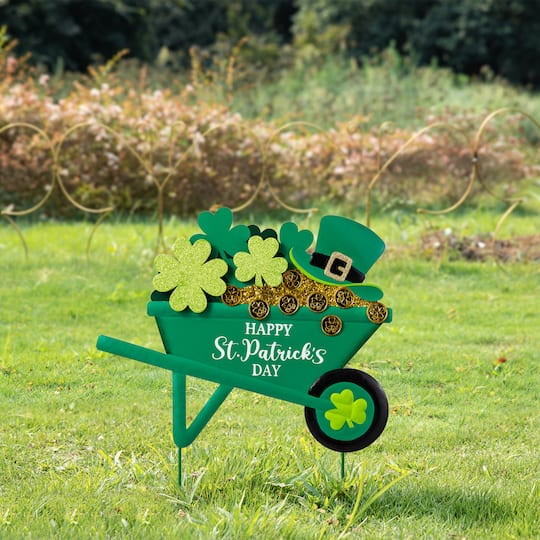 Glitzhome® 24" St. Patrick's Metal Shamrocks Wagon Yard Stake